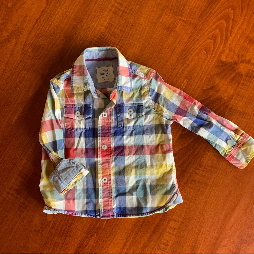 Mini Boden Plaid Checkered Long Sleeve Button Down Shirt - 1.5-2Y
